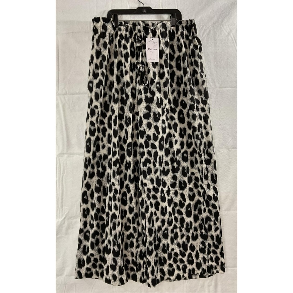 Fimarsted Pants Womens 14 Black Leopard Print Wide Leg Crepe Drawstring Elastic